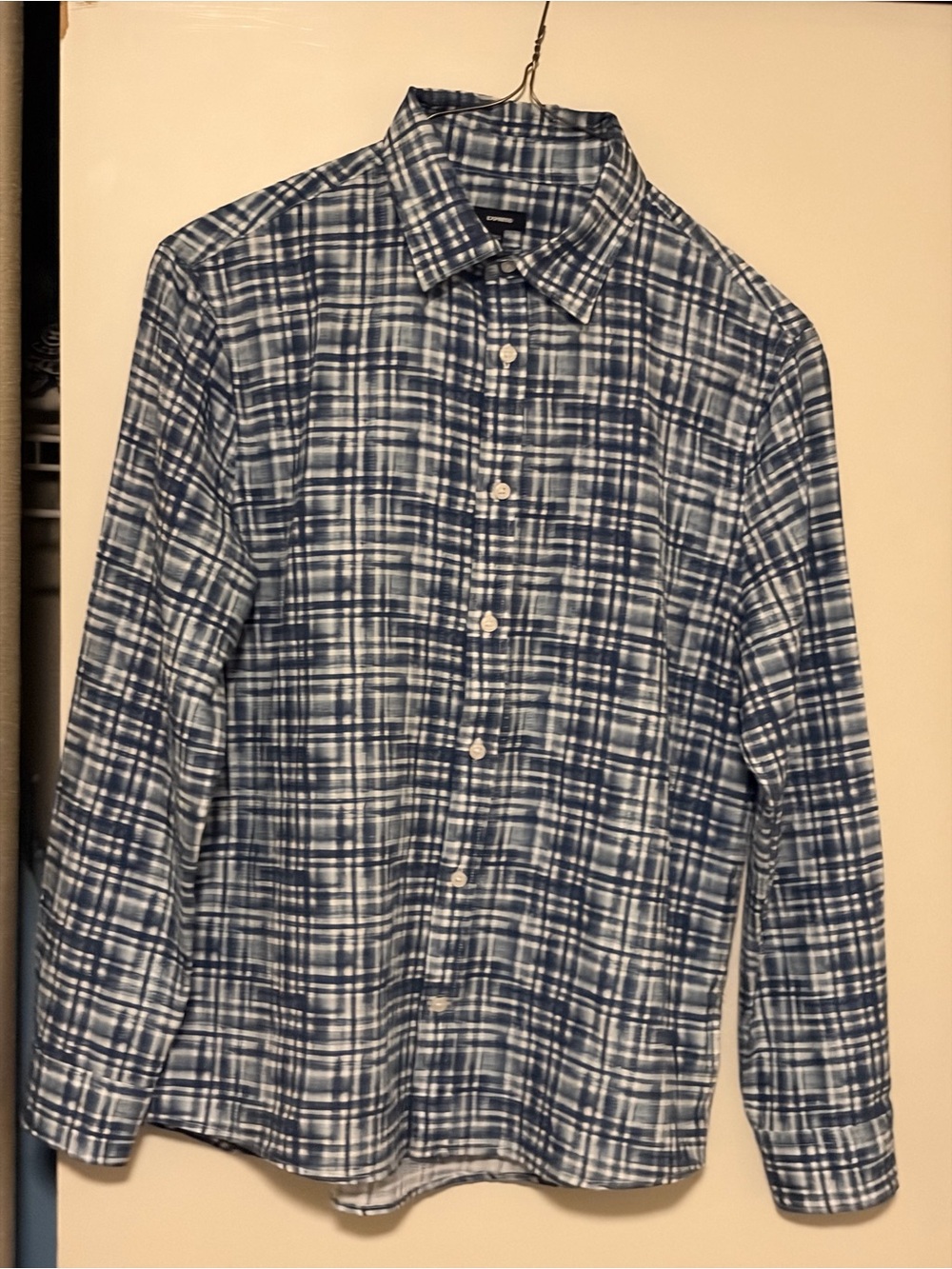 Express Men's Navy and White Plaid Button-Down Shirt